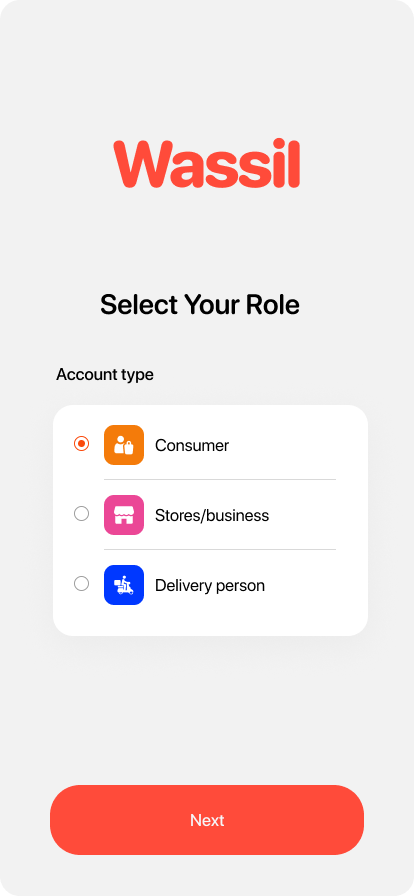 Select your role - Consumer, Store, or Delivery person