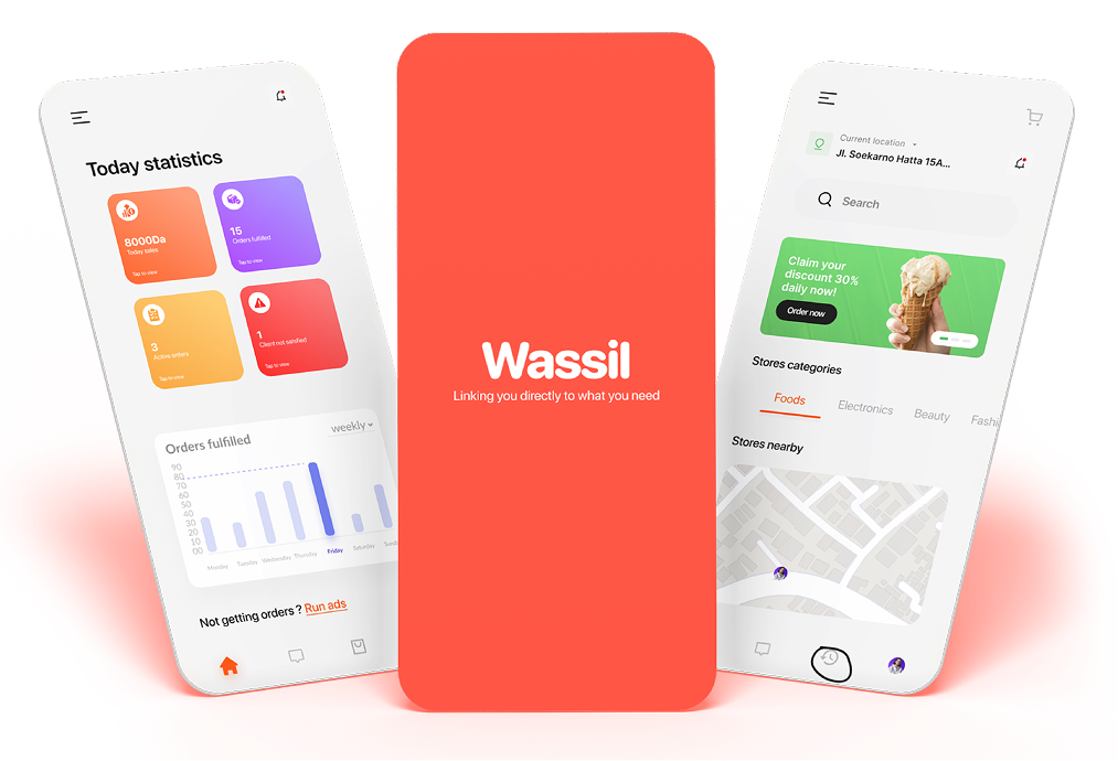 Wassil app screens showing statistics, main interface, and store locations